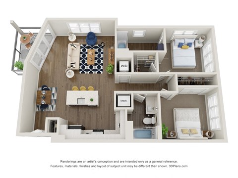 Floor plan for 2 beds, 2 baths, 1102 sqft